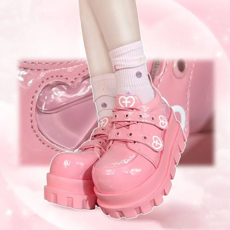 Platform Boots Women  Spring Autumn PU Trifle Base Pink Lolita Shoes Round Toe Solid High Heels Gothic Shoes