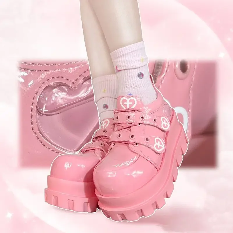 Platform Boots Women  Spring Autumn PU Trifle Base Pink Lolita Shoes Round Toe Solid High Heels Gothic Shoes
