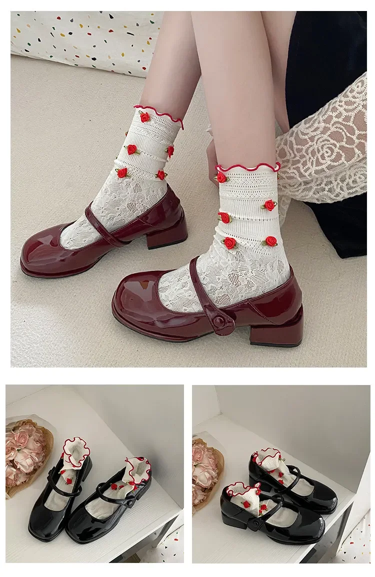 Retro Red Mary Jane Shoes Women Thick Heels Ankle Buckle Lolita Shoes Woman Student French Square Heel Shallow Mouth Single Shoe