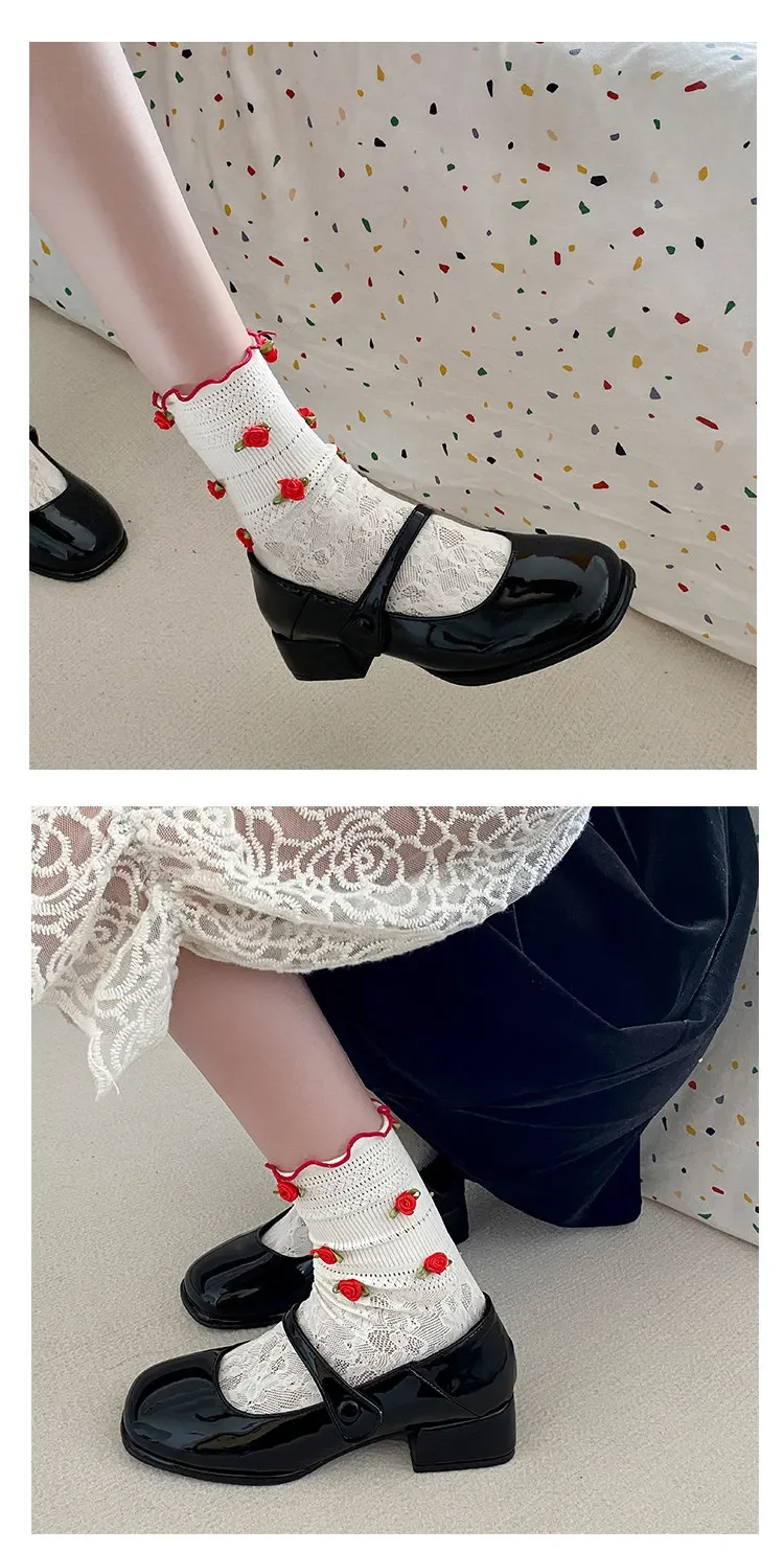 Retro Red Mary Jane Shoes Women Thick Heels Ankle Buckle Lolita Shoes Woman Student French Square Heel Shallow Mouth Single Shoe