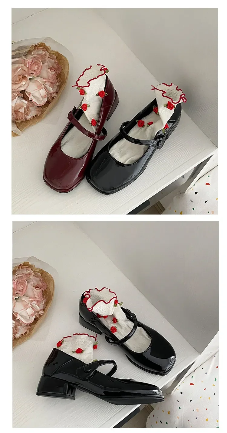 Retro Red Mary Jane Shoes Women Thick Heels Ankle Buckle Lolita Shoes Woman Student French Square Heel Shallow Mouth Single Shoe