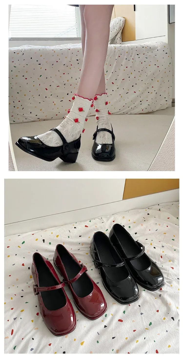 Retro Red Mary Jane Shoes Women Thick Heels Ankle Buckle Lolita Shoes Woman Student French Square Heel Shallow Mouth Single Shoe