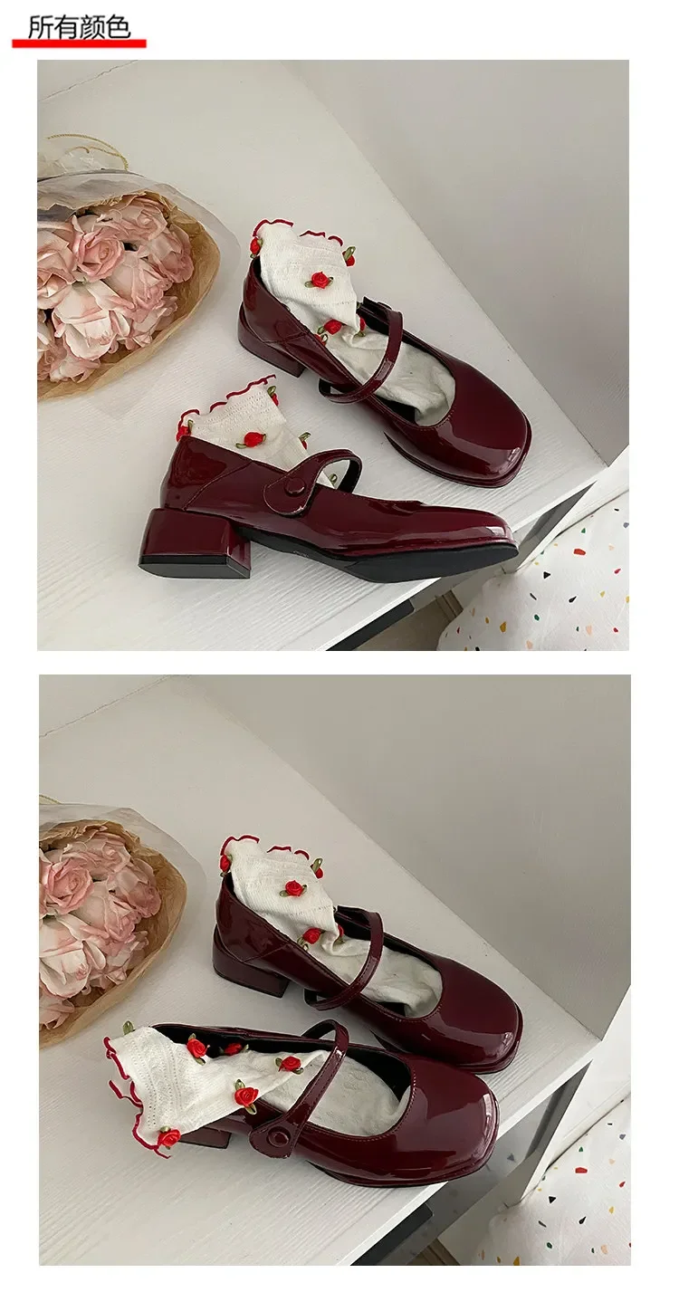 Retro Red Mary Jane Shoes Women Thick Heels Ankle Buckle Lolita Shoes Woman Student French Square Heel Shallow Mouth Single Shoe