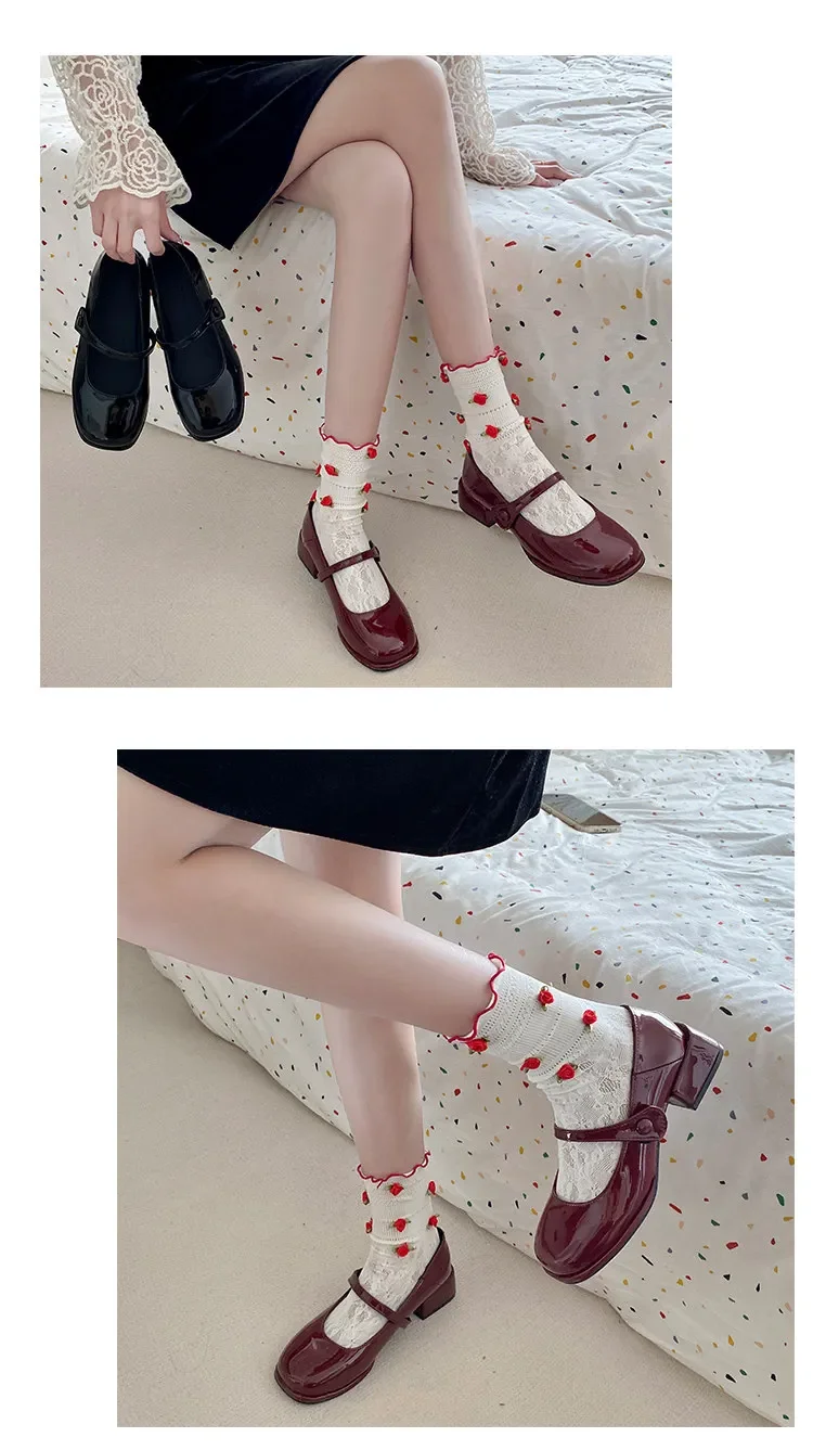 Retro Red Mary Jane Shoes Women Thick Heels Ankle Buckle Lolita Shoes Woman Student French Square Heel Shallow Mouth Single Shoe