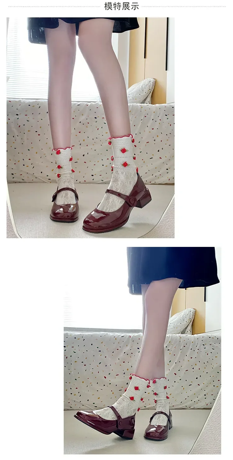 Retro Red Mary Jane Shoes Women Thick Heels Ankle Buckle Lolita Shoes Woman Student French Square Heel Shallow Mouth Single Shoe