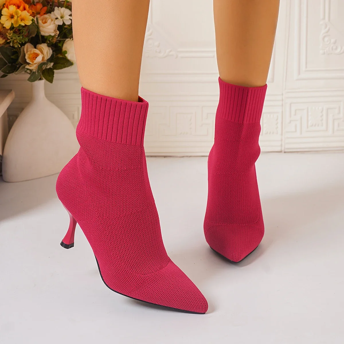 Women Elastic Sock Boots Autumn Winter Stiletto High Heels Knitted Ankle Boots Woman Slip-On Pointed Toe High-heeled