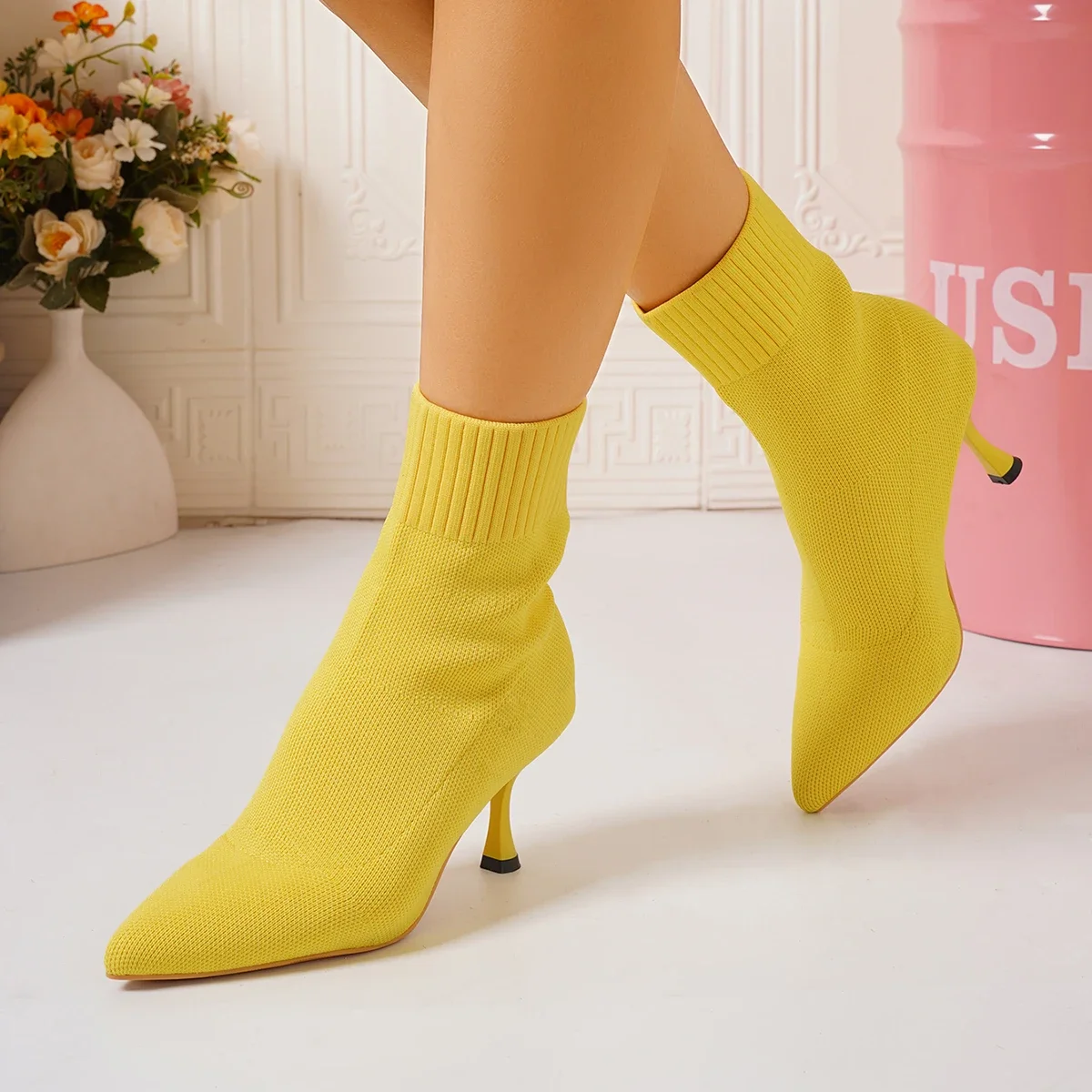 Women Elastic Sock Boots Autumn Winter Stiletto High Heels Knitted Ankle Boots Woman Slip-On Pointed Toe High-heeled