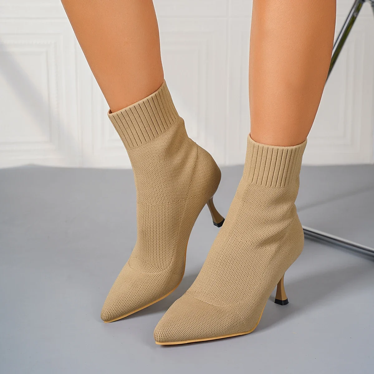 Women Elastic Sock Boots Autumn Winter Stiletto High Heels Knitted Ankle Boots Woman Slip-On Pointed Toe High-heeled