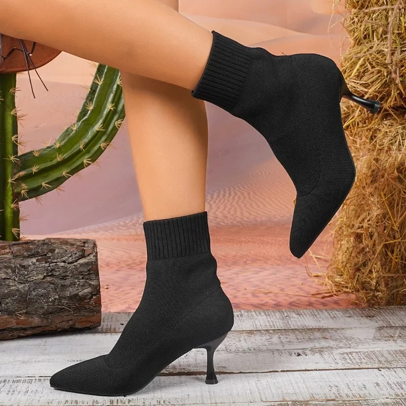 Women Elastic Sock Boots Autumn Winter Stiletto High Heels Knitted Ankle Boots Woman Slip-On Pointed Toe High-heeled