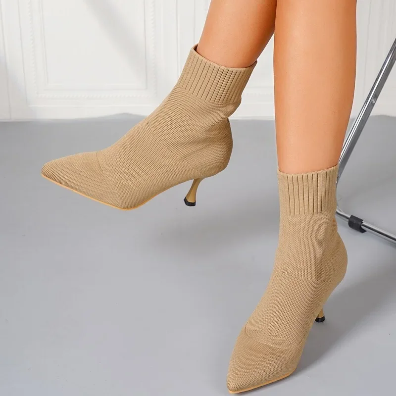 Women Elastic Sock Boots Autumn Winter Stiletto High Heels Knitted Ankle Boots Woman Slip-On Pointed Toe High-heeled