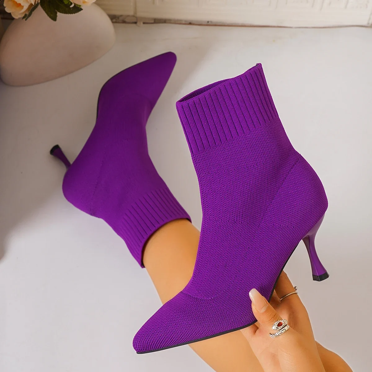 Women Elastic Sock Boots Autumn Winter Stiletto High Heels Knitted Ankle Boots Woman Slip-On Pointed Toe High-heeled
