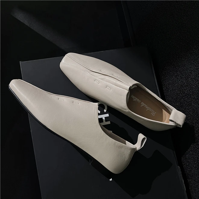 Women Flat Shoes Genuine Leather Sheepskin Comfort Flats Slip On Silver Beige Simple Shoes Spring Autumn Soft Loafers Square Toe