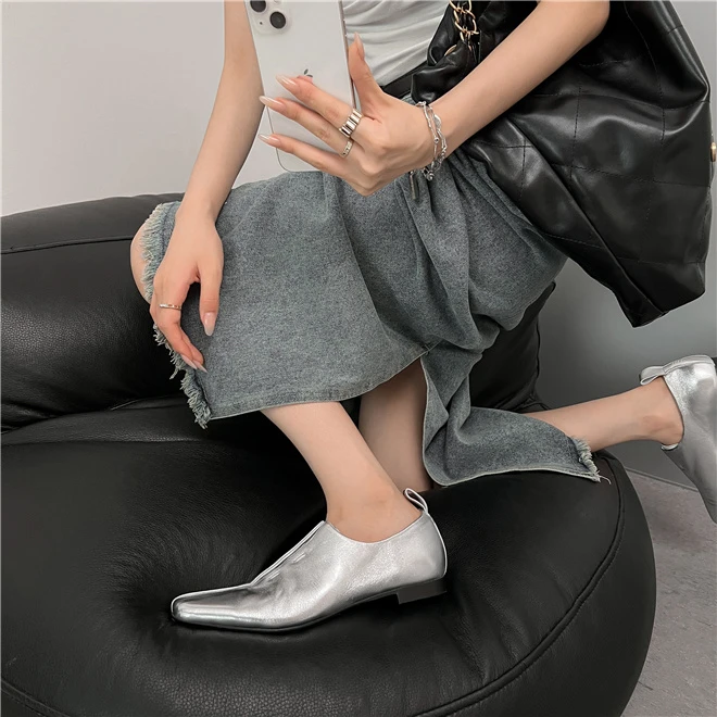Women Flat Shoes Genuine Leather Sheepskin Comfort Flats Slip On Silver Beige Simple Shoes Spring Autumn Soft Loafers Square Toe