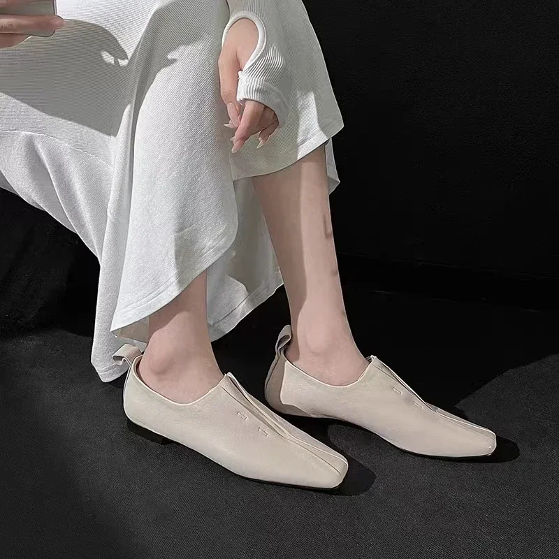 Women Flat Shoes Genuine Leather Sheepskin Comfort Flats Slip On Silver Beige Simple Shoes Spring Autumn Soft Loafers Square Toe