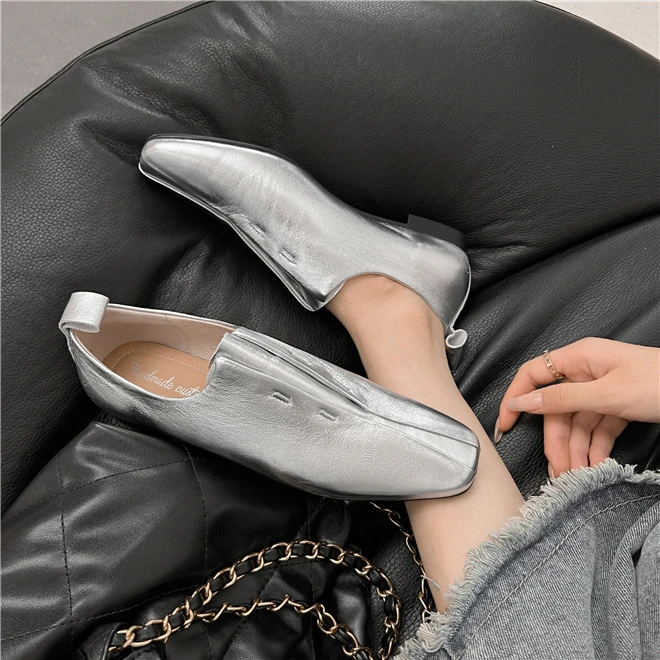 Women Flat Shoes Genuine Leather Sheepskin Comfort Flats Slip On Silver Beige Simple Shoes Spring Autumn Soft Loafers Square Toe