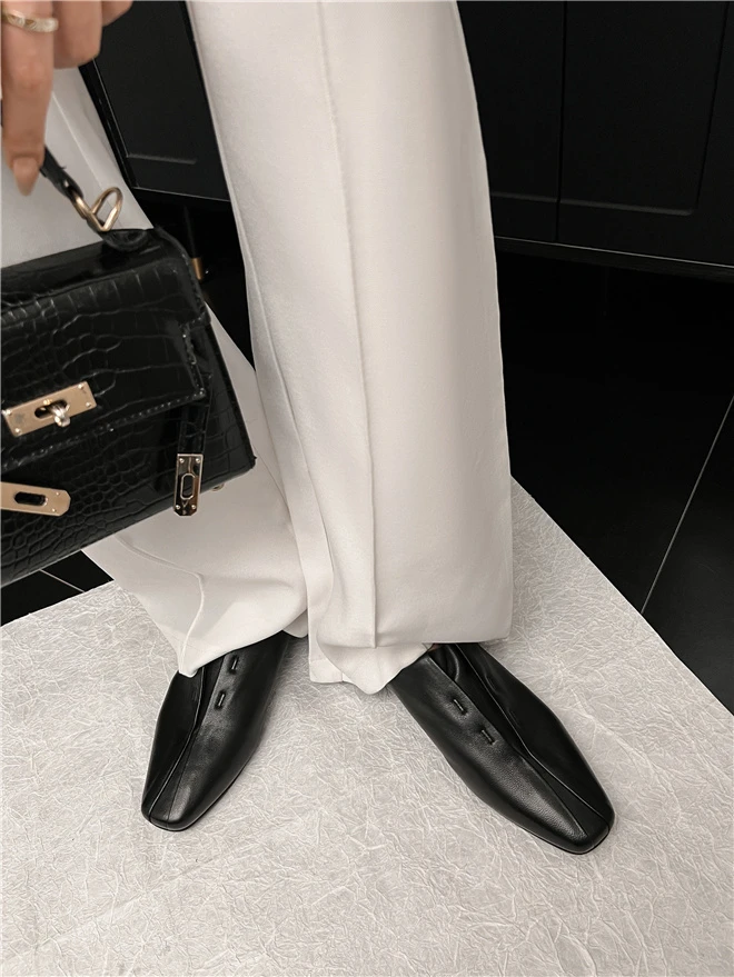 Women Flat Shoes Genuine Leather Sheepskin Comfort Flats Slip On Silver Beige Simple Shoes Spring Autumn Soft Loafers Square Toe