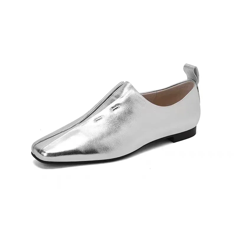 Women Flat Shoes Genuine Leather Sheepskin Comfort Flats Slip On Silver Beige Simple Shoes Spring Autumn Soft Loafers Square Toe