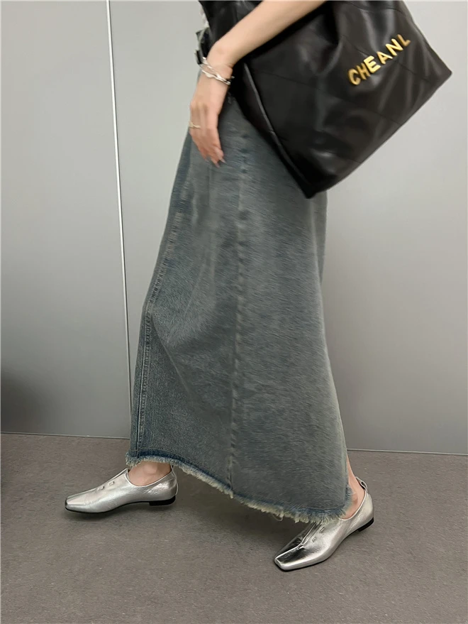 Women Flat Shoes Genuine Leather Sheepskin Comfort Flats Slip On Silver Beige Simple Shoes Spring Autumn Soft Loafers Square Toe