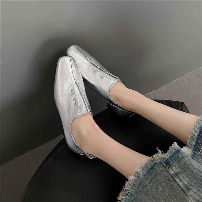 Women Flat Shoes Genuine Leather Sheepskin Comfort Flats Slip On Silver Beige Simple Shoes Spring Autumn Soft Loafers Square Toe