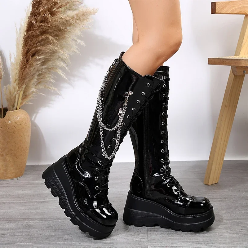 Winter High Heels Chain Chelsea Boots Platform Knee High Women Luxury Shoes 2024 Fashion New Trend Lace Up Wedges Zipper Boots Winter High Heels Chain Chelsea Boots Platform Knee High Women Luxury Shoes 2024 Fashion New Trend Lace Up Wedges Zipper Boots
