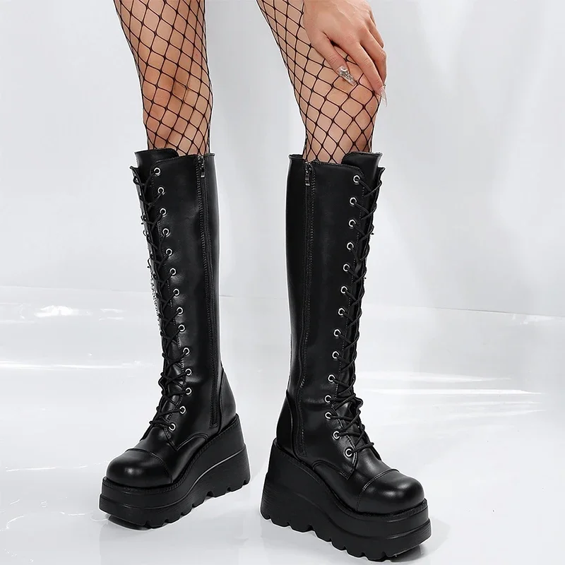 Winter High Heels Chain Chelsea Boots Platform Knee High Women Luxury Shoes 2024 Fashion New Trend Lace Up Wedges Zipper Boots Winter High Heels Chain Chelsea Boots Platform Knee High Women Luxury Shoes 2024 Fashion New Trend Lace Up Wedges Zipper Boots