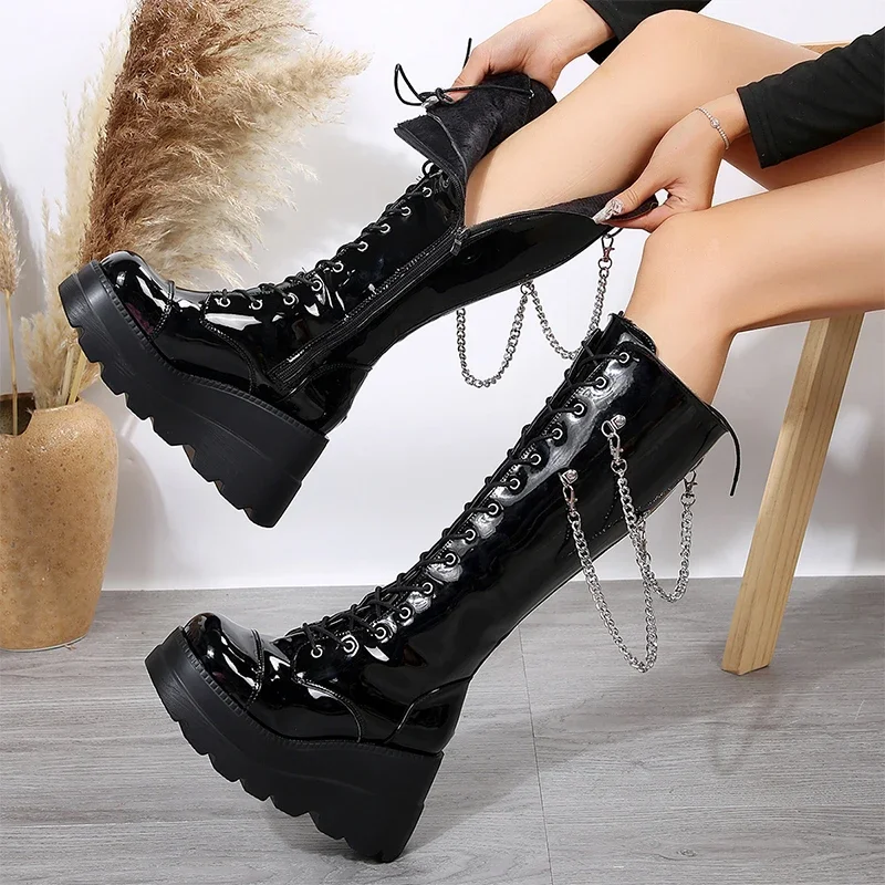 Winter High Heels Chain Chelsea Boots Platform Knee High Women Luxury Shoes 2024 Fashion New Trend Lace Up Wedges Zipper Boots Winter High Heels Chain Chelsea Boots Platform Knee High Women Luxury Shoes 2024 Fashion New Trend Lace Up Wedges Zipper Boots