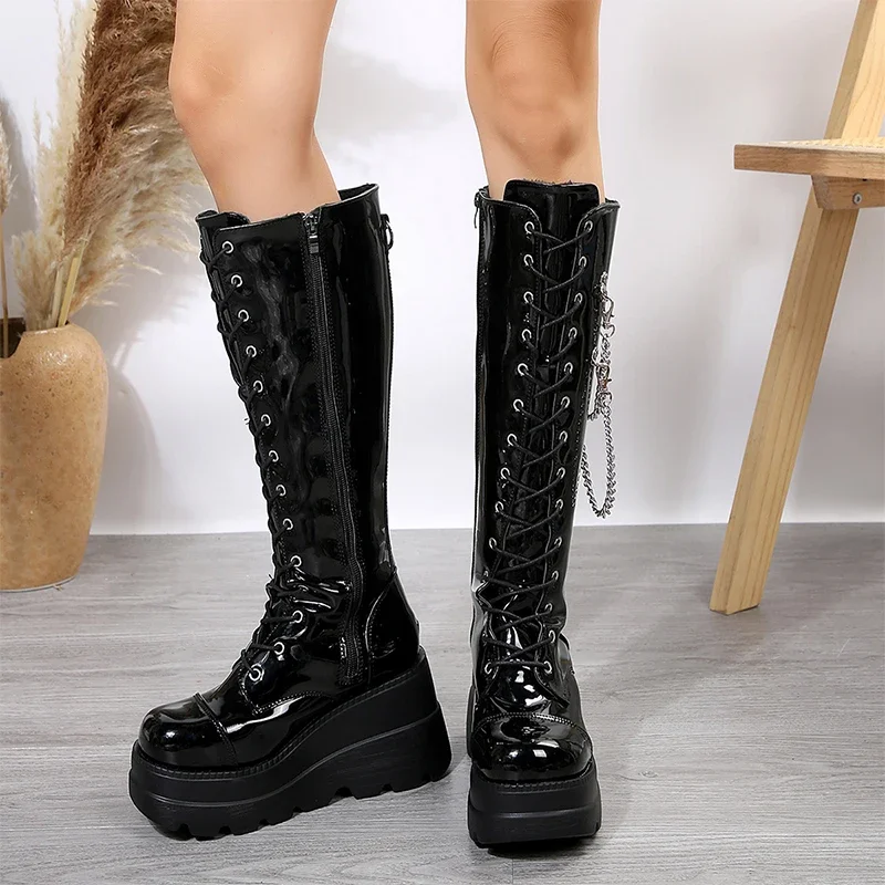 Winter High Heels Chain Chelsea Boots Platform Knee High Women Luxury Shoes 2024 Fashion New Trend Lace Up Wedges Zipper Boots Winter High Heels Chain Chelsea Boots Platform Knee High Women Luxury Shoes 2024 Fashion New Trend Lace Up Wedges Zipper Boots