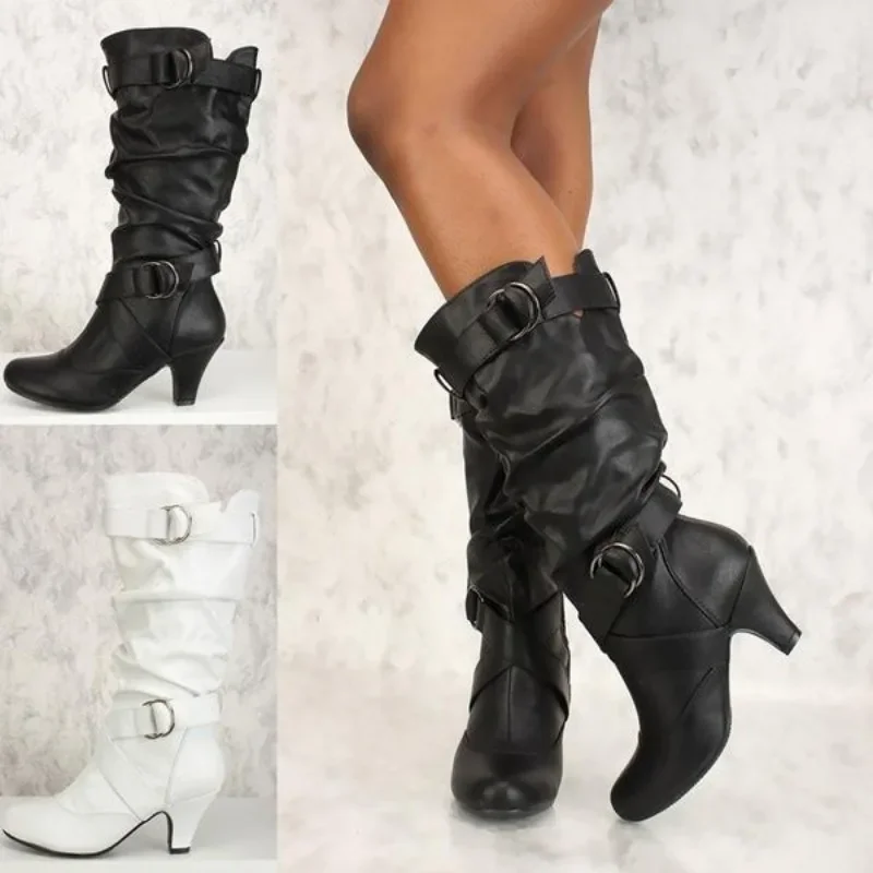 Sexy Women's Boots Mid Calf New Fashion Casual Boot 3CM Square Heel Metal Decoration Belt Buckle Evening Dress Pumps Women Shoes