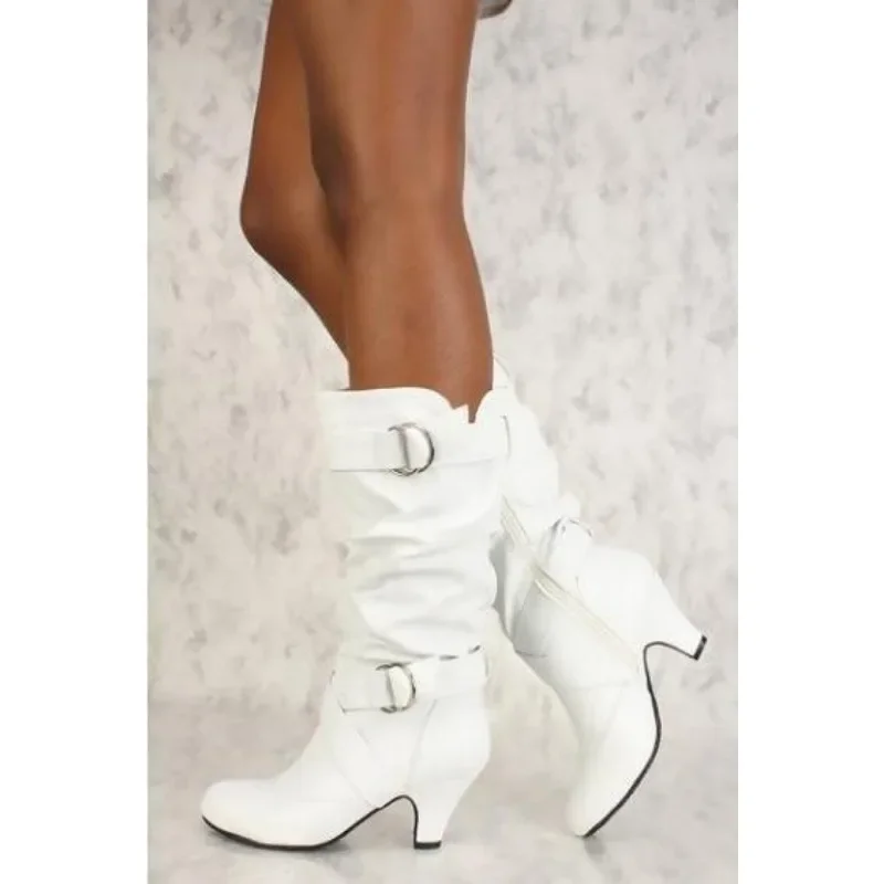 Sexy Women's Boots Mid Calf New Fashion Casual Boot 3CM Square Heel Metal Decoration Belt Buckle Evening Dress Pumps Women Shoes