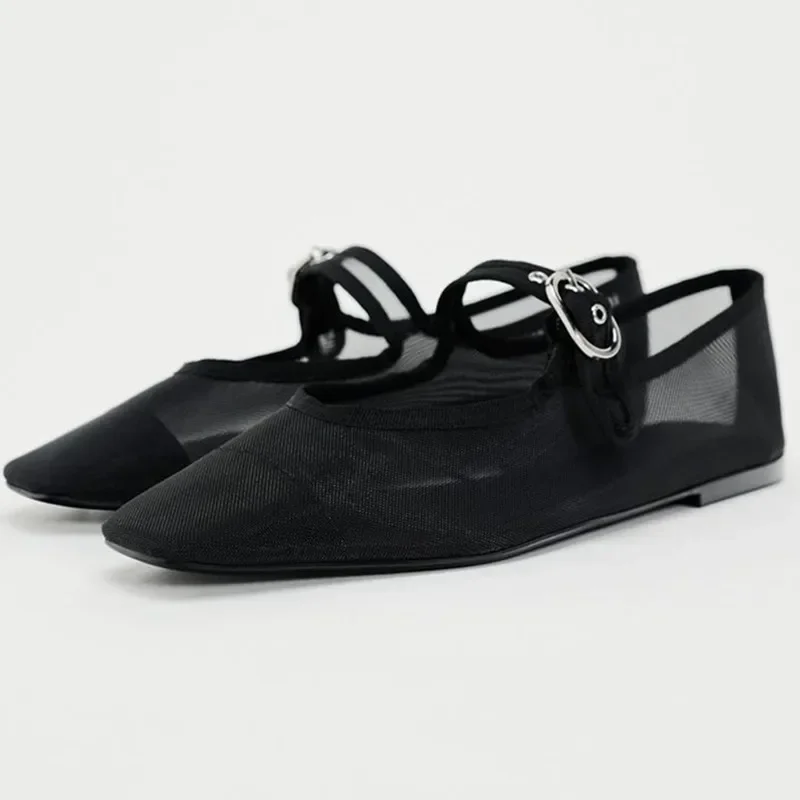 Air Mesh Mary Janes Shoes for Women Buckle Strap Breathable Solid Color Square Toe Femal Ballet Shoes Shallow Concise Flat Shoes