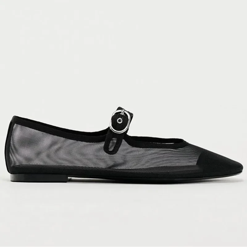 Air Mesh Mary Janes Shoes for Women Buckle Strap Breathable Solid Color Square Toe Femal Ballet Shoes Shallow Concise Flat Shoes