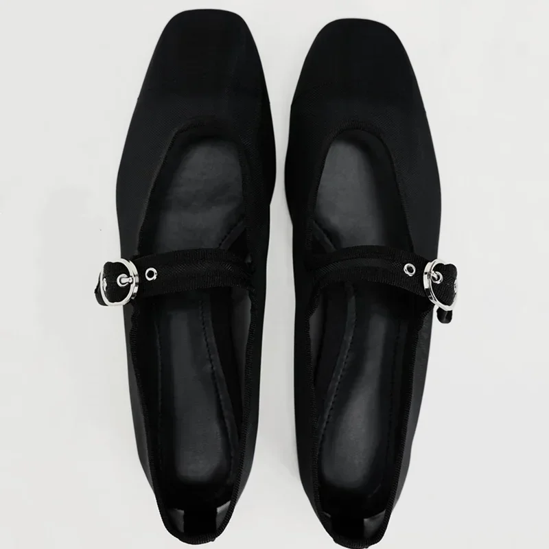 Air Mesh Mary Janes Shoes for Women Buckle Strap Breathable Solid Color Square Toe Femal Ballet Shoes Shallow Concise Flat Shoes