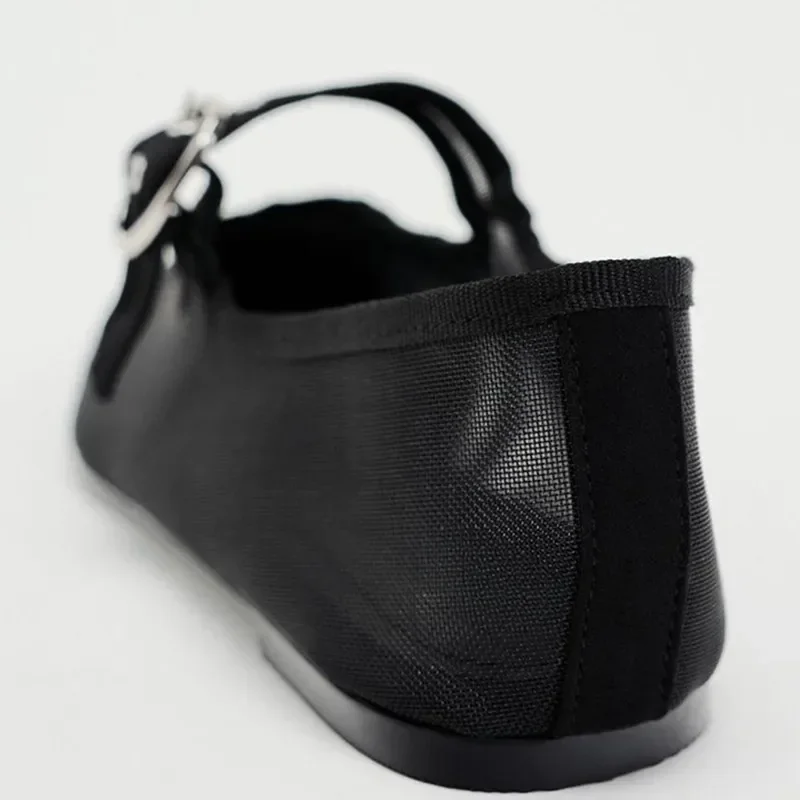 Air Mesh Mary Janes Shoes for Women Buckle Strap Breathable Solid Color Square Toe Femal Ballet Shoes Shallow Concise Flat Shoes
