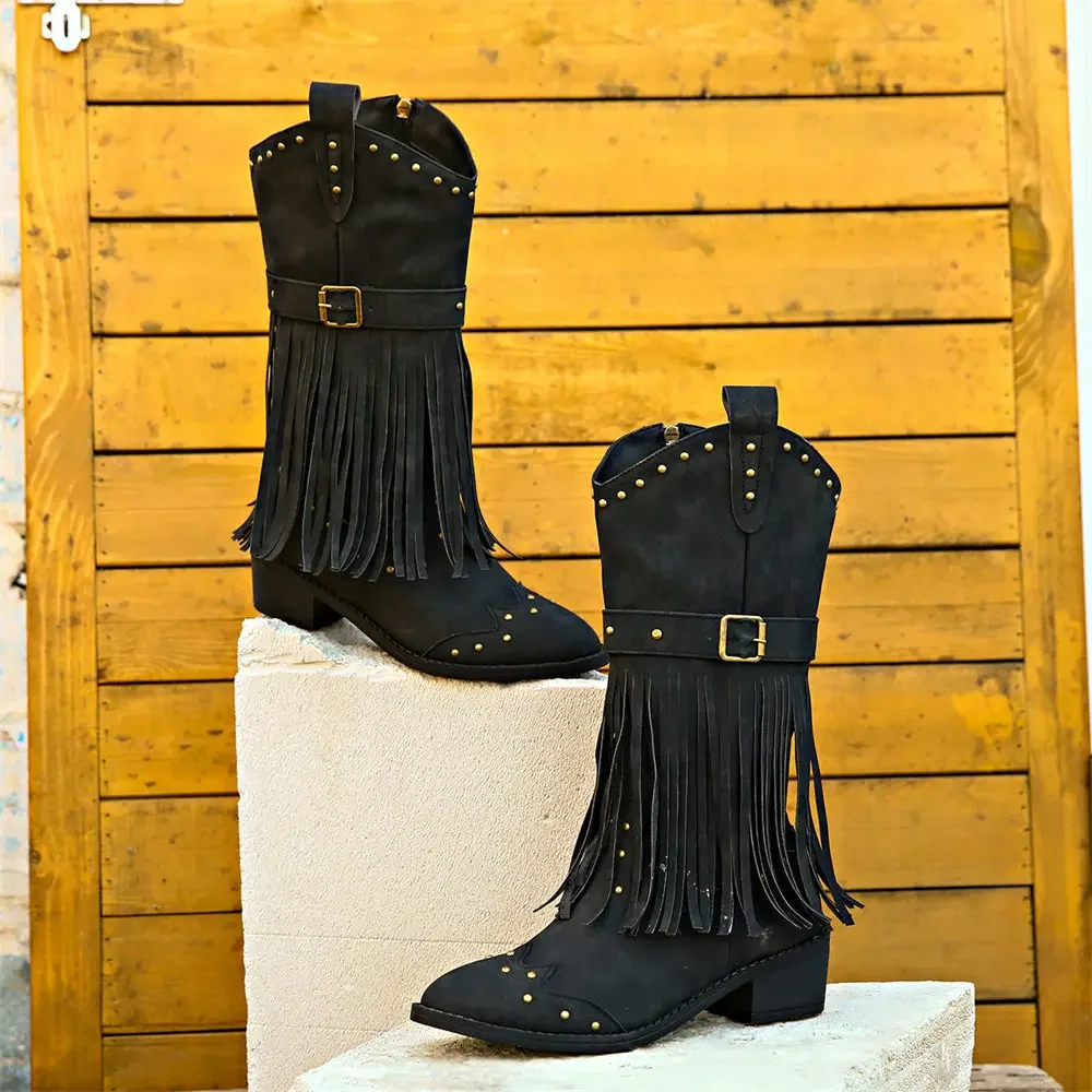 Brand Winter Vintage Western Boots with Fringes Retro Comfy Walking Plus Size 43 Zip-up Mid-calf Tassel Cowboy Boots Women Shoes Brand Winter Vintage Western Boots with Fringes Retro Comfy Walking Plus Size 43 Zip-up Mid-calf Tassel Cowboy Boots Women Shoes