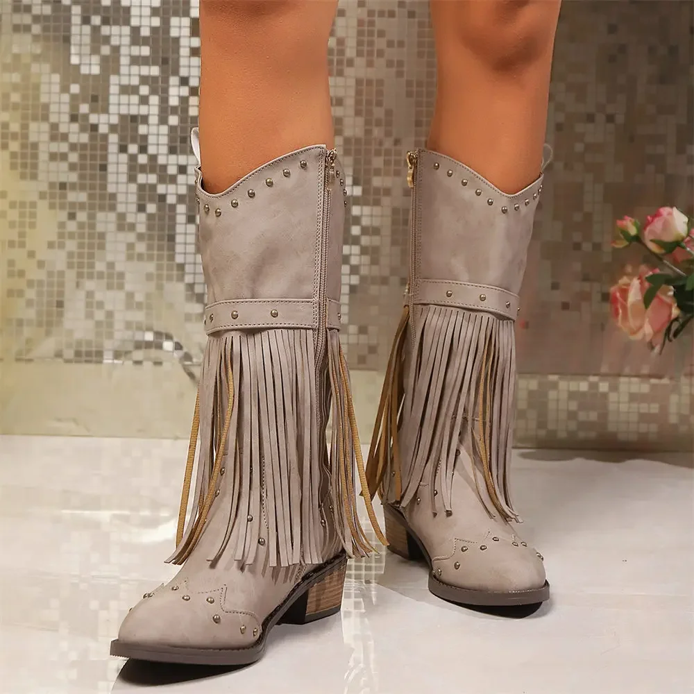 Brand Winter Vintage Western Boots with Fringes Retro Comfy Walking Plus Size 43 Zip-up Mid-calf Tassel Cowboy Boots Women Shoes Brand Winter Vintage Western Boots with Fringes Retro Comfy Walking Plus Size 43 Zip-up Mid-calf Tassel Cowboy Boots Women Shoes