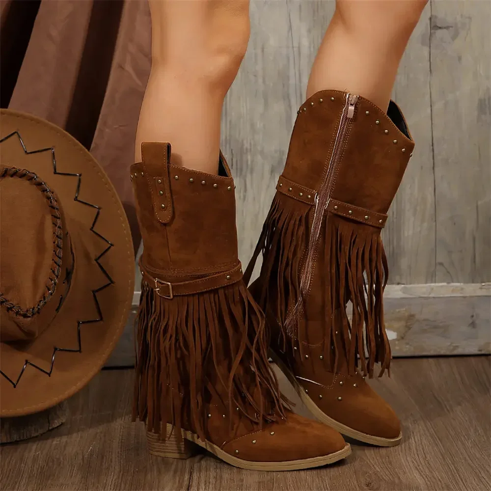 Brand Winter Vintage Western Boots with Fringes Retro Comfy Walking Plus Size 43 Zip-up Mid-calf Tassel Cowboy Boots Women Shoes