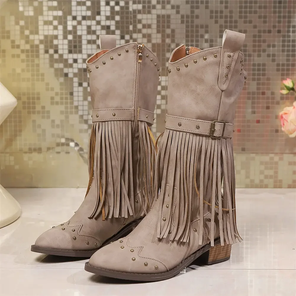 Brand Winter Vintage Western Boots with Fringes Retro Comfy Walking Plus Size 43 Zip-up Mid-calf Tassel Cowboy Boots Women Shoes Brand Winter Vintage Western Boots with Fringes Retro Comfy Walking Plus Size 43 Zip-up Mid-calf Tassel Cowboy Boots Women Shoes