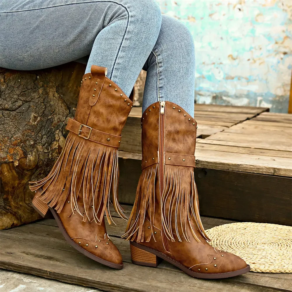 Brand Winter Vintage Western Boots with Fringes Retro Comfy Walking Plus Size 43 Zip-up Mid-calf Tassel Cowboy Boots Women Shoes Brand Winter Vintage Western Boots with Fringes Retro Comfy Walking Plus Size 43 Zip-up Mid-calf Tassel Cowboy Boots Women Shoes