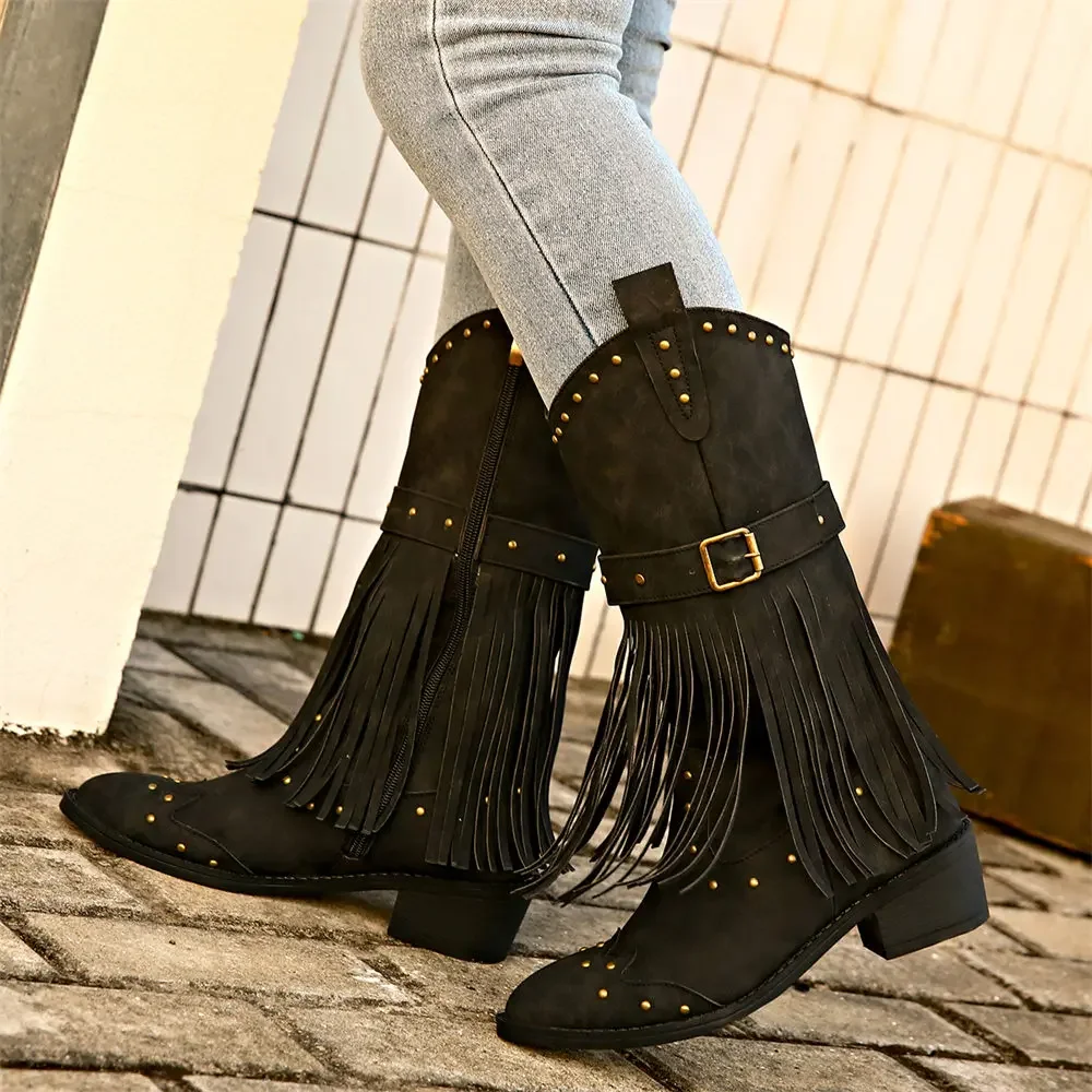 Brand Winter Vintage Western Boots with Fringes Retro Comfy Walking Plus Size 43 Zip-up Mid-calf Tassel Cowboy Boots Women Shoes Brand Winter Vintage Western Boots with Fringes Retro Comfy Walking Plus Size 43 Zip-up Mid-calf Tassel Cowboy Boots Women Shoes