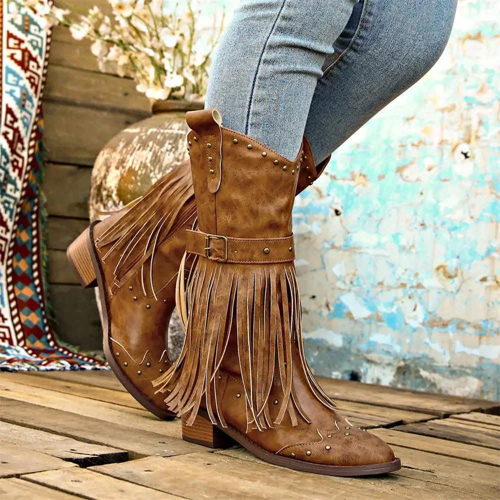 Brand Winter Vintage Western Boots with Fringes Retro Comfy Walking Plus Size 43 Zip-up Mid-calf Tassel Cowboy Boots Women Shoes Brand Winter Vintage Western Boots with Fringes Retro Comfy Walking Plus Size 43 Zip-up Mid-calf Tassel Cowboy Boots Women Shoes