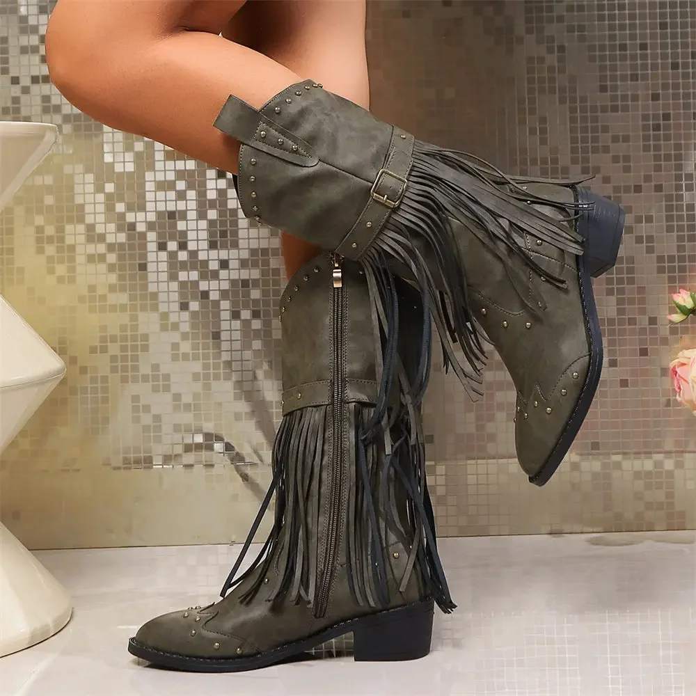 Brand Winter Vintage Western Boots with Fringes Retro Comfy Walking Plus Size 43 Zip-up Mid-calf Tassel Cowboy Boots Women Shoes Brand Winter Vintage Western Boots with Fringes Retro Comfy Walking Plus Size 43 Zip-up Mid-calf Tassel Cowboy Boots Women Shoes