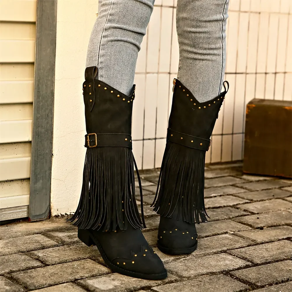 Brand Winter Vintage Western Boots with Fringes Retro Comfy Walking Plus Size 43 Zip-up Mid-calf Tassel Cowboy Boots Women Shoes Brand Winter Vintage Western Boots with Fringes Retro Comfy Walking Plus Size 43 Zip-up Mid-calf Tassel Cowboy Boots Women Shoes