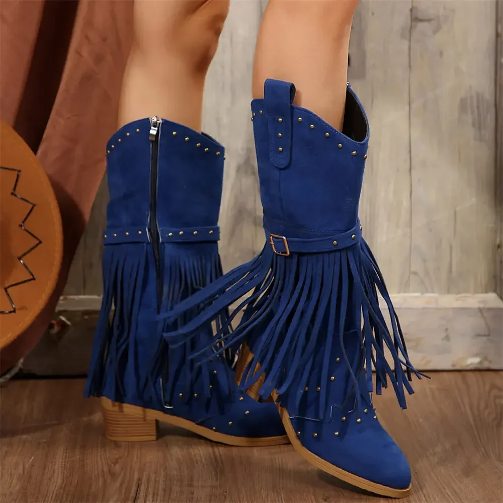 Brand Winter Vintage Western Boots with Fringes Retro Comfy Walking Plus Size 43 Zip-up Mid-calf Tassel Cowboy Boots Women Shoes