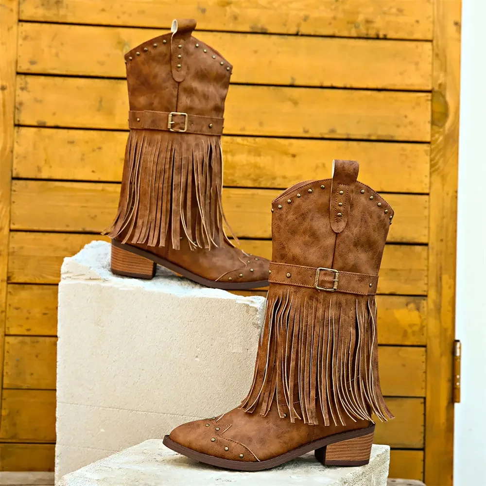 Brand Winter Vintage Western Boots with Fringes Retro Comfy Walking Plus Size 43 Zip-up Mid-calf Tassel Cowboy Boots Women Shoes Brand Winter Vintage Western Boots with Fringes Retro Comfy Walking Plus Size 43 Zip-up Mid-calf Tassel Cowboy Boots Women Shoes