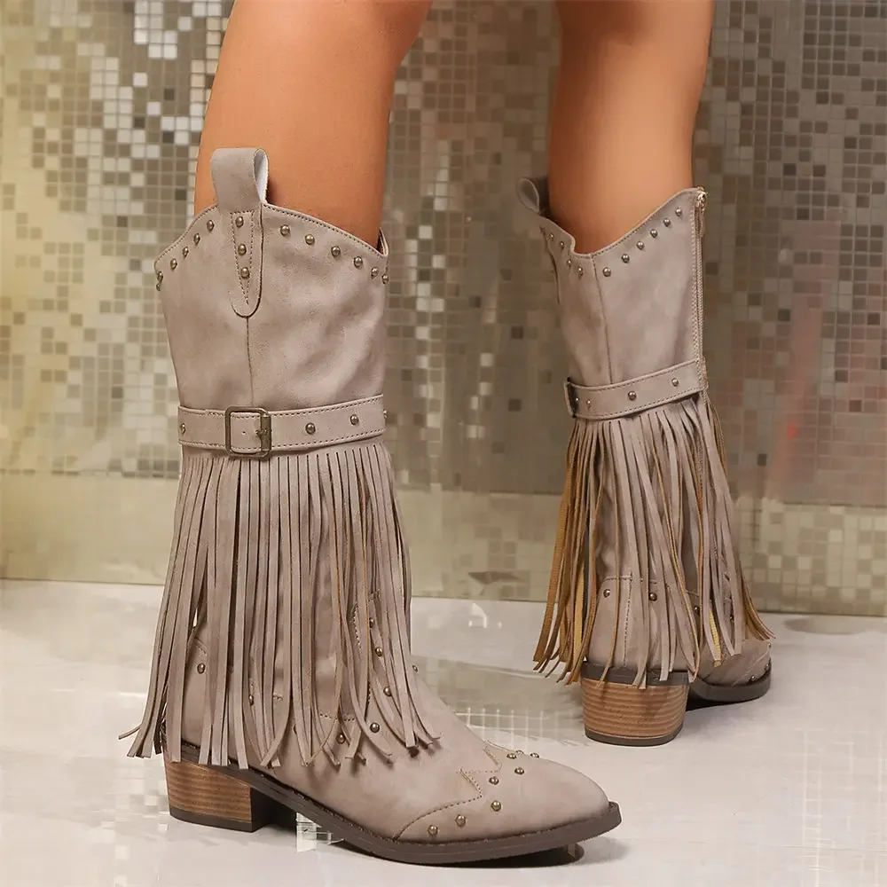 Brand Winter Vintage Western Boots with Fringes Retro Comfy Walking Plus Size 43 Zip-up Mid-calf Tassel Cowboy Boots Women Shoes Brand Winter Vintage Western Boots with Fringes Retro Comfy Walking Plus Size 43 Zip-up Mid-calf Tassel Cowboy Boots Women Shoes