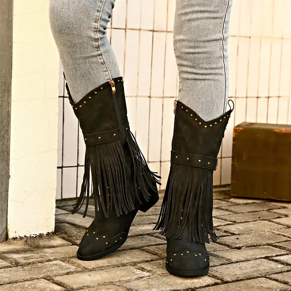 Brand Winter Vintage Western Boots with Fringes Retro Comfy Walking Plus Size 43 Zip-up Mid-calf Tassel Cowboy Boots Women Shoes Brand Winter Vintage Western Boots with Fringes Retro Comfy Walking Plus Size 43 Zip-up Mid-calf Tassel Cowboy Boots Women Shoes
