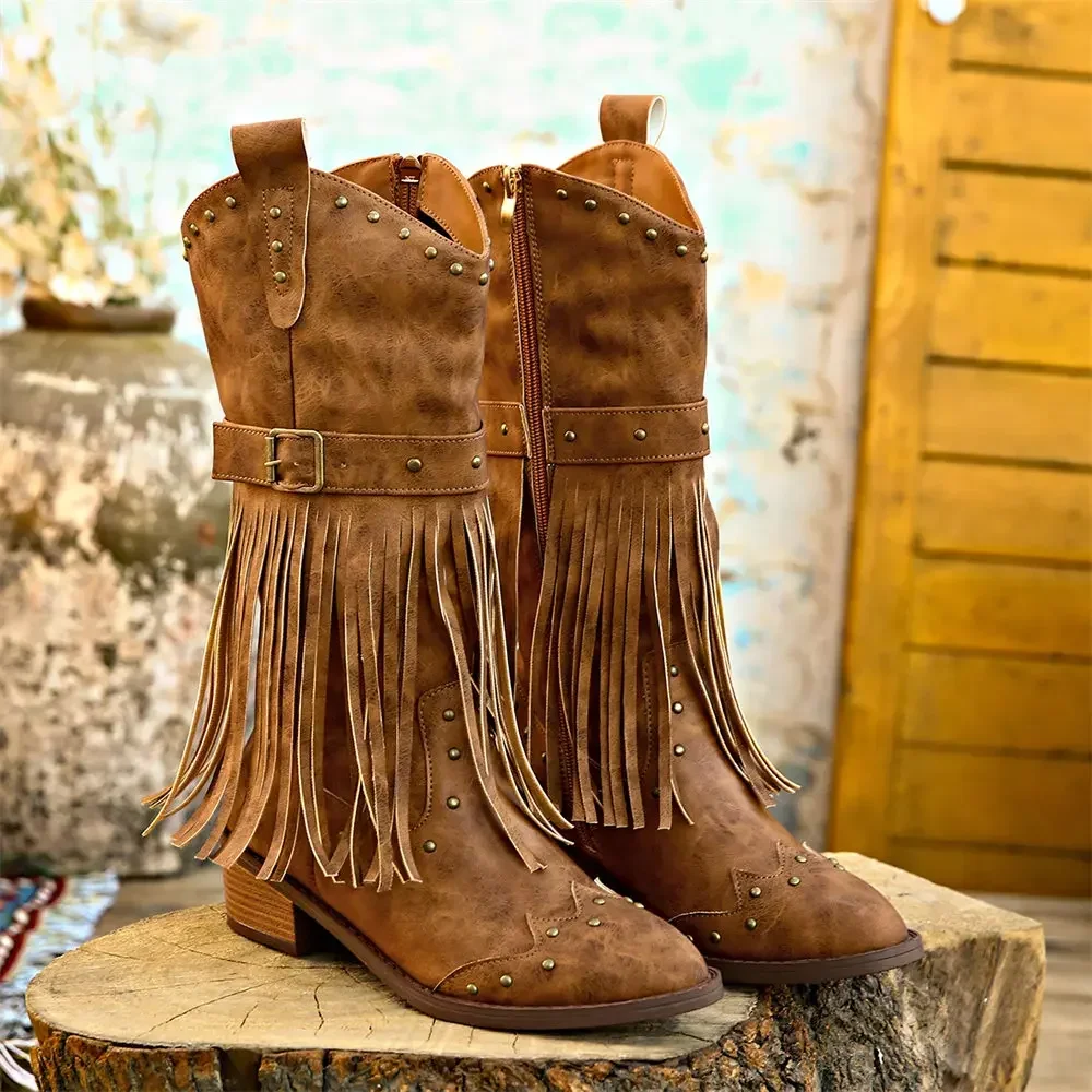 Brand Winter Vintage Western Boots with Fringes Retro Comfy Walking Plus Size 43 Zip-up Mid-calf Tassel Cowboy Boots Women Shoes