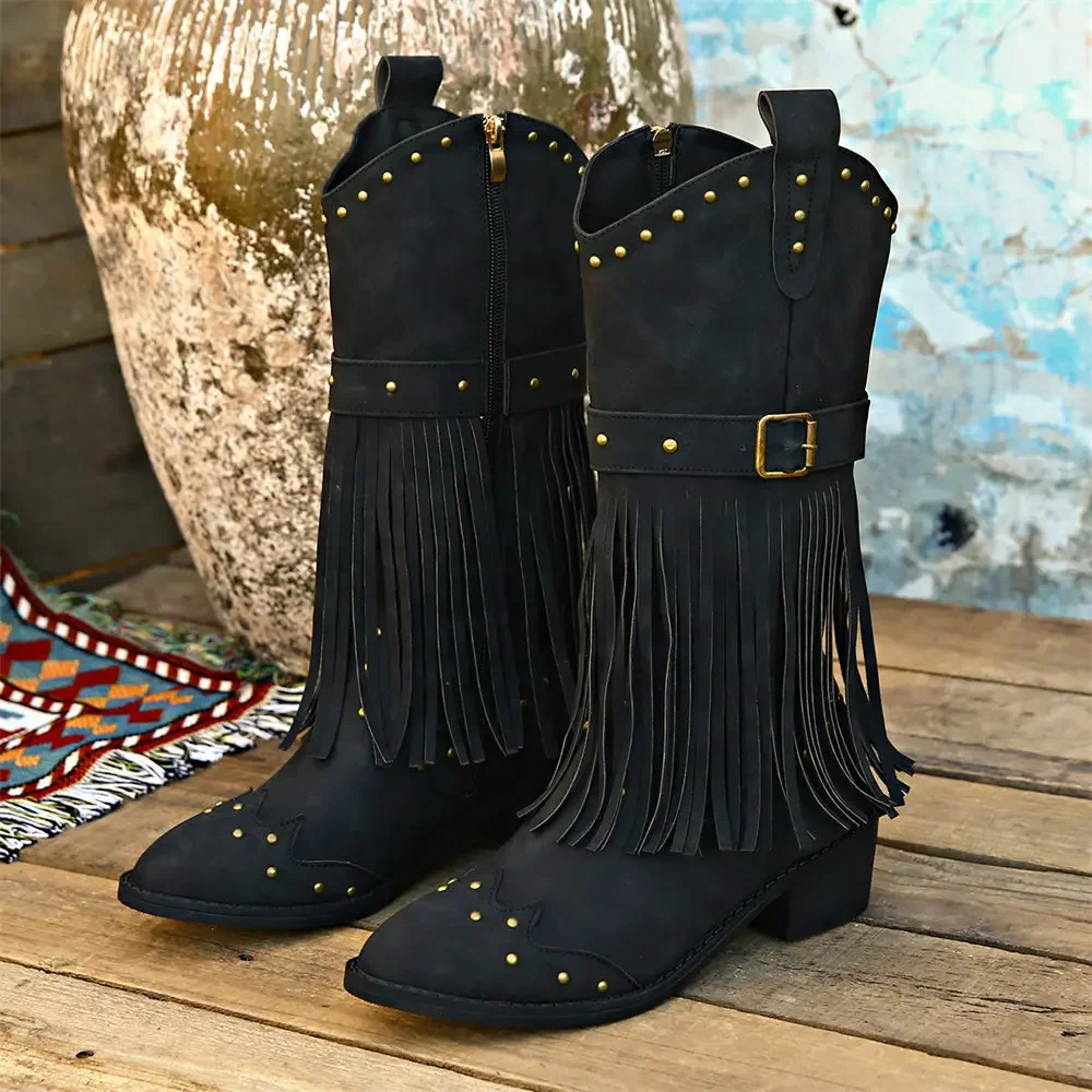 Brand Winter Vintage Western Boots with Fringes Retro Comfy Walking Plus Size 43 Zip-up Mid-calf Tassel Cowboy Boots Women Shoes Brand Winter Vintage Western Boots with Fringes Retro Comfy Walking Plus Size 43 Zip-up Mid-calf Tassel Cowboy Boots Women Shoes