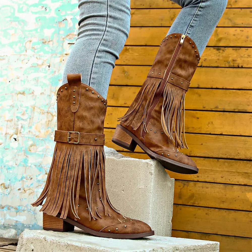 Brand Winter Vintage Western Boots with Fringes Retro Comfy Walking Plus Size 43 Zip-up Mid-calf Tassel Cowboy Boots Women Shoes Brand Winter Vintage Western Boots with Fringes Retro Comfy Walking Plus Size 43 Zip-up Mid-calf Tassel Cowboy Boots Women Shoes