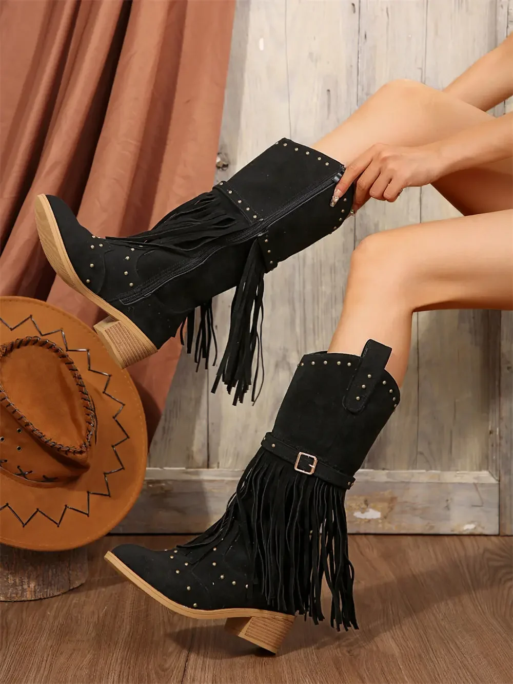 Brand Winter Vintage Western Boots with Fringes Retro Comfy Walking Plus Size 43 Zip-up Mid-calf Tassel Cowboy Boots Women Shoes Brand Winter Vintage Western Boots with Fringes Retro Comfy Walking Plus Size 43 Zip-up Mid-calf Tassel Cowboy Boots Women Shoes